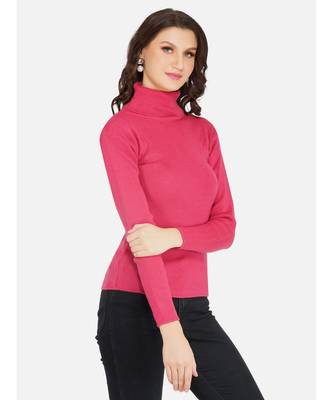 womens winter acrylic hot pink plain high neck knitted sweater 3