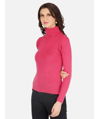 womens winter acrylic hot pink plain high neck knitted sweater 4