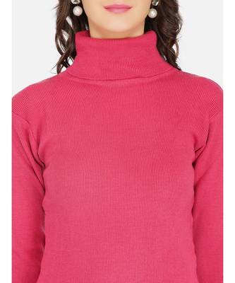 womens winter acrylic hot pink plain high neck knitted sweater 5