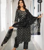 Rayon ethnic gold print kurti pant with dupatta