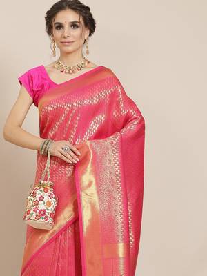 Pink woven silk saree with blouse 2