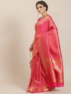 Pink woven silk saree with blouse 1
