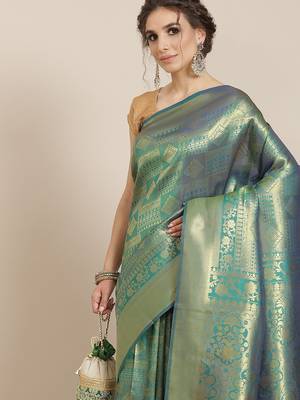 Green woven silk saree with blouse 2