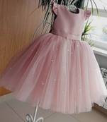 Peach Color Pearls Designer Baby Frock