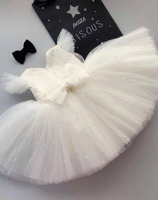White Color Net Pearls Designer Baby Frock 1