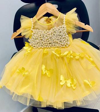 Yellow Color Net Pearls Designer Baby Frock 1