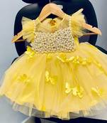 Yellow Color Net Pearls Designer Baby Frock