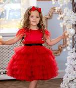 Red Color Net Multi-Layered Baby Frock
