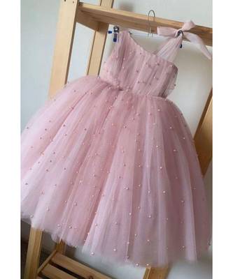 Peach Color Pearls Partywear Baby Frock 1