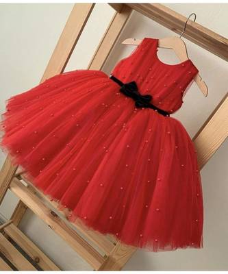 Red Color Pearls Partywear Baby Frock 1