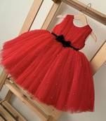 Red Color Pearls Partywear Baby Frock
