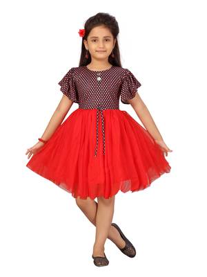 Red printed net kids-frocks 1