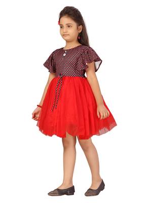 Red printed net kids-frocks 3