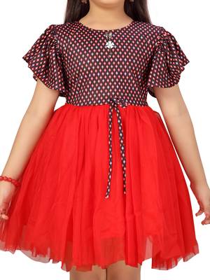 Red printed net kids-frocks 5