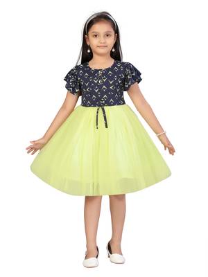 Yellow printed blended cotton kids-frocks 1