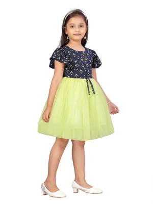 Yellow printed blended cotton kids-frocks 2
