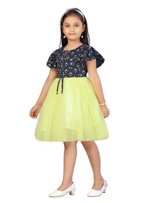 Yellow printed blended cotton kids-frocks 3