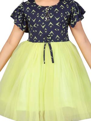 Yellow printed blended cotton kids-frocks 5