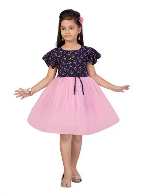 Blue printed blended cotton kids-frocks 1