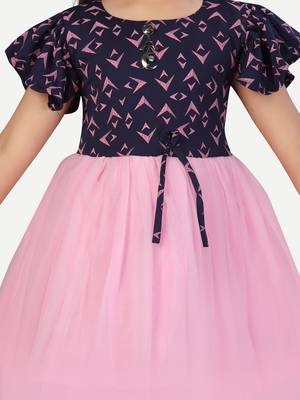 Blue printed blended cotton kids-frocks 5
