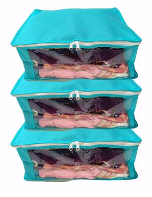 Shree Shyam Products Blue Non Woven Box Saree Cover 3 Pcs Set, Non Woven Fabric Saree Cover with Transparent 1