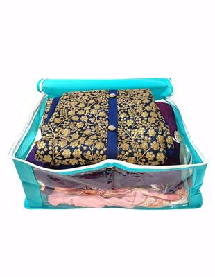Shree Shyam Products Blue Non Woven Box Saree Cover 3 Pcs Set, Non Woven Fabric Saree Cover with Transparent 3