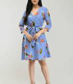 Blue printed crepe short-dresses