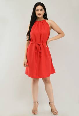 Red printed crepe short-dresses 1