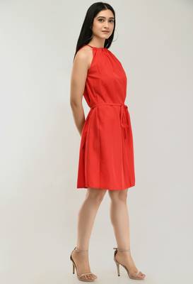 Red printed crepe short-dresses 3