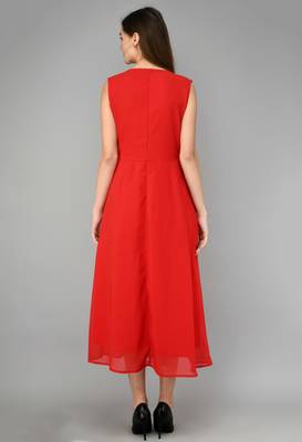 Red printed georgette short-dresses 4