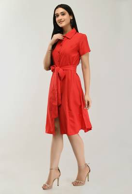 Red printed crepe short-dresses 3