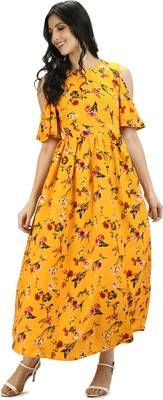 Yellow printed crepe short-dresses 4