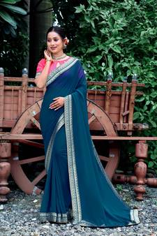 Blue Jacquard Lace Georgette Soft saree