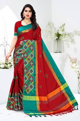 Red embroidered cotton silk saree with blouse 2