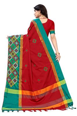 Red embroidered cotton silk saree with blouse 8