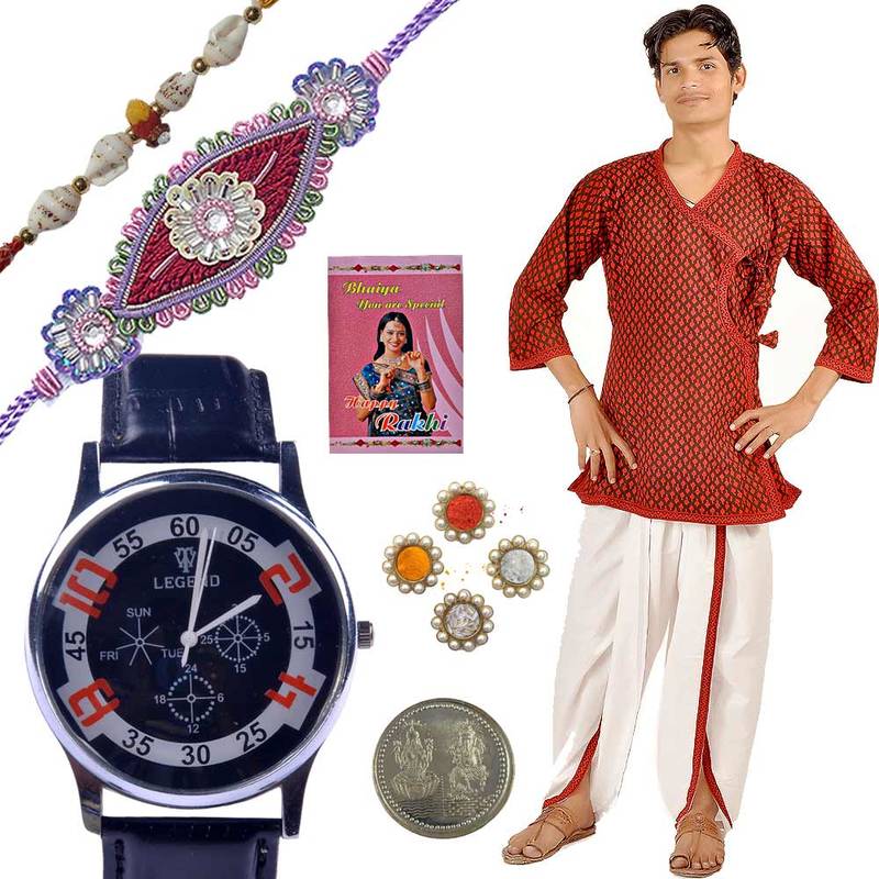 Stylish Watch n Ethnic Kurta Dhoti Rakhi Gift Set