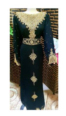 Black Zari Stone Work Georgette Islamic Style Beads Embedded Partywear Kaftan Evening wear Dubai kaftan Abaya Jilbab 1