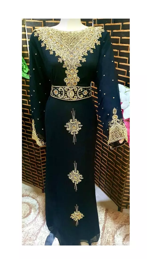 N Blue  Zari Stone Work Georgette Islamic Style Beads Embedded Partywear Kaftan Evening wear Dubai kaftan Abaya Jilbab
