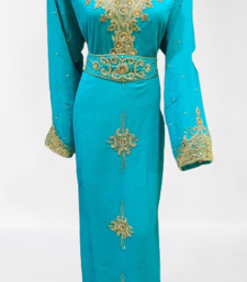 Turquoise Blue Kaftan Gown With Embroidery