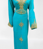 Turquoise Blue Kaftan Gown With Embroidery