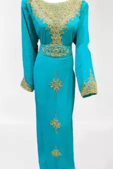 Turquoise Blue Kaftan Gown With Embroidery