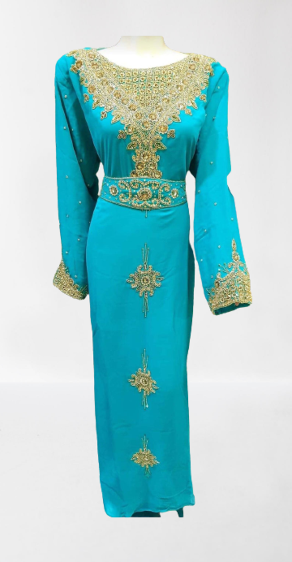 Turquoise Blue Kaftan Gown With Embroidery