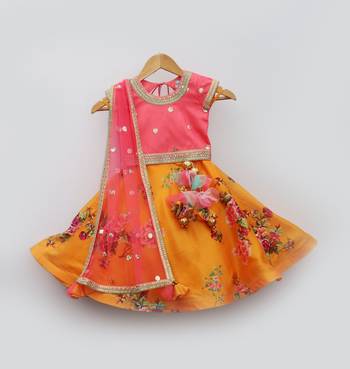 Pink and Yellow Chanderi Silk kids Lehenga Choli 1