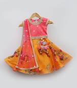 Pink and Yellow Chanderi Silk kids Lehenga Choli