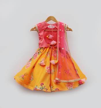 Pink and Yellow Chanderi Silk kids Lehenga Choli 2