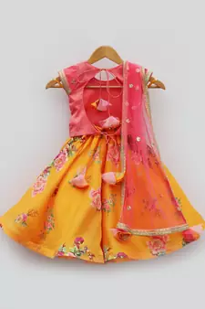 Pink and Yellow Chanderi Silk kids Lehenga Choli