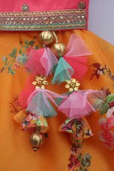 Pink and Yellow Chanderi Silk kids Lehenga Choli