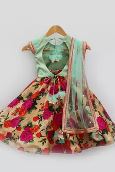 Green Choli with Printed Lehenga