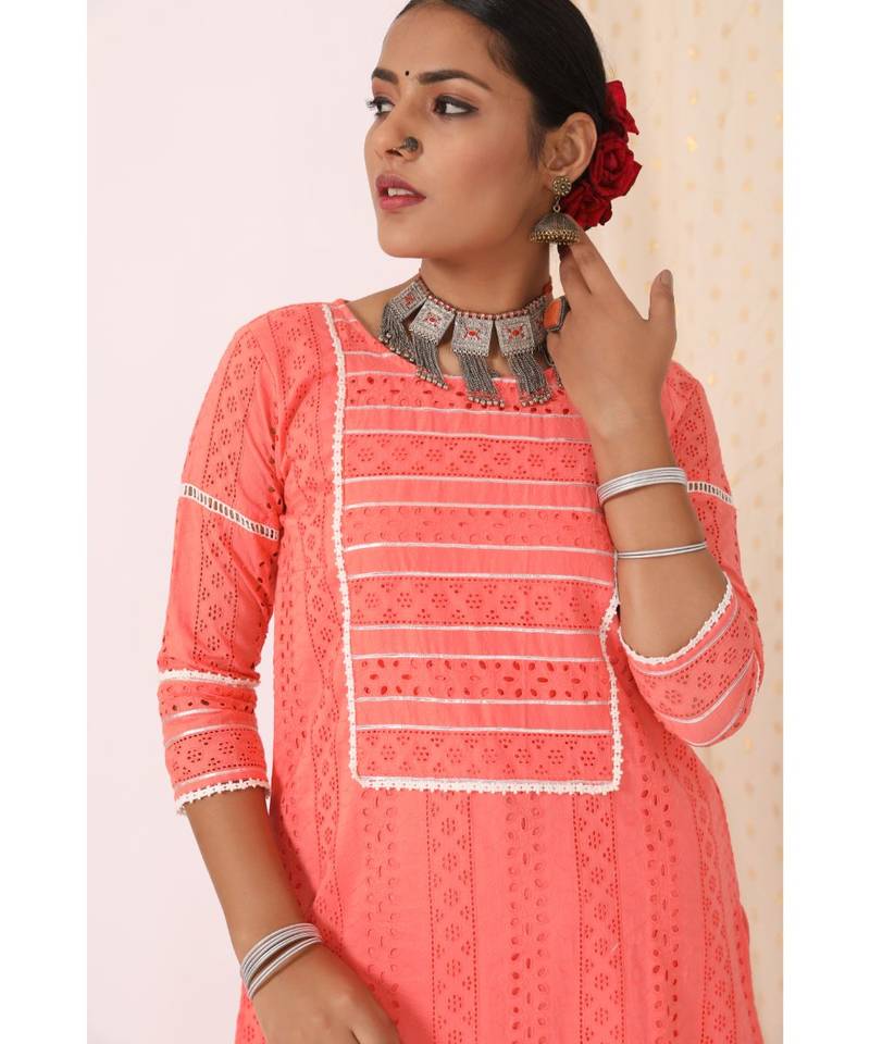 Ritika Coral Embroidered Sharara Set