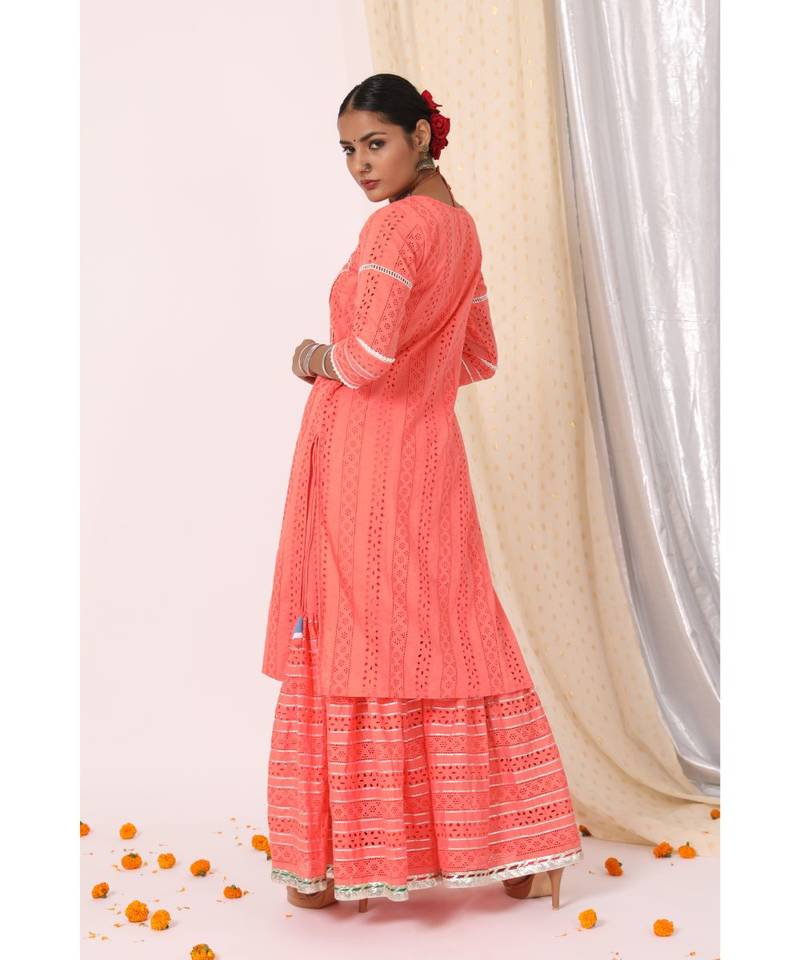 Ritika Coral Embroidered Sharara Set